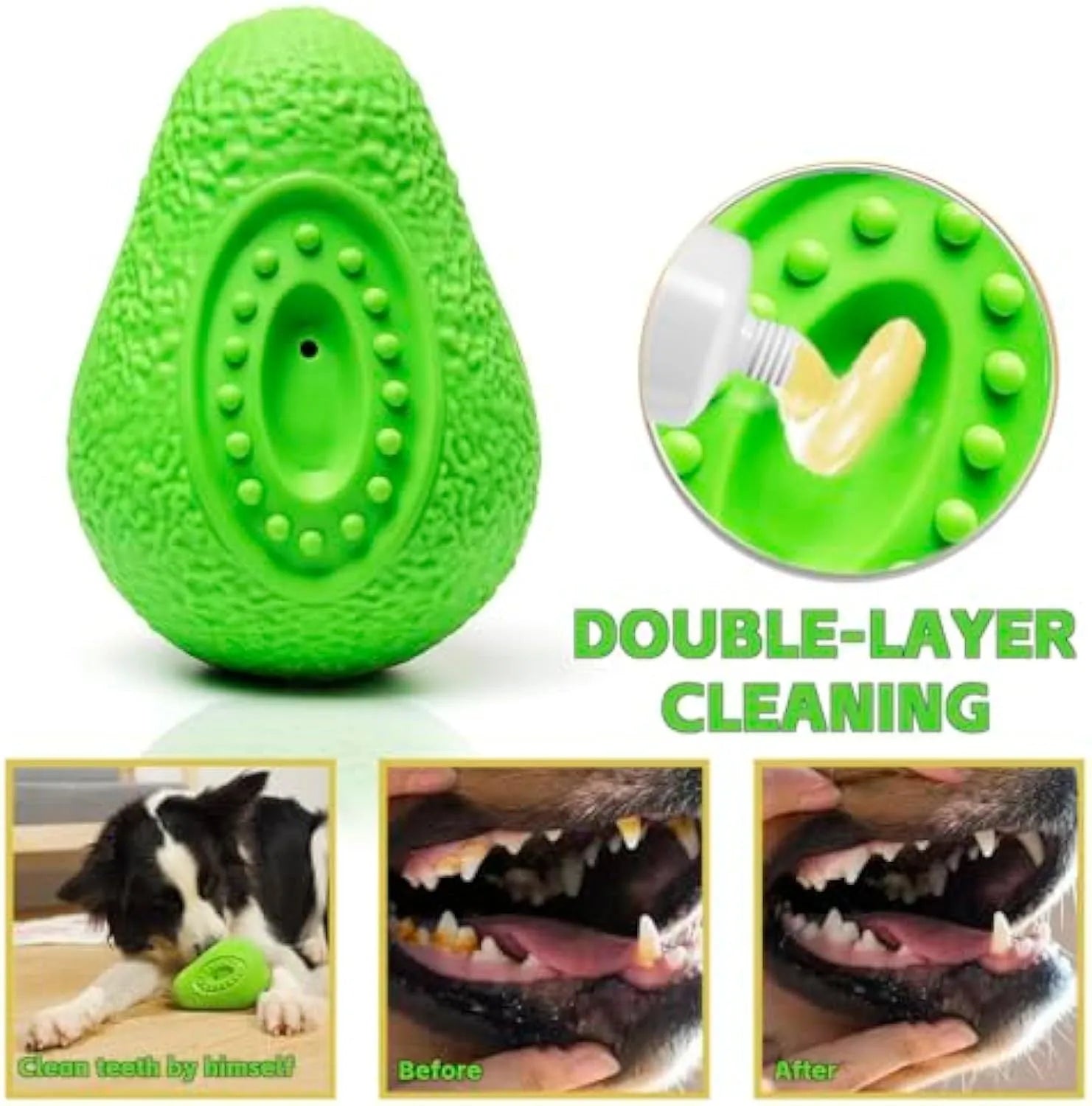 Green avocado-shaped rubber dog chew toy for aggressive chewers