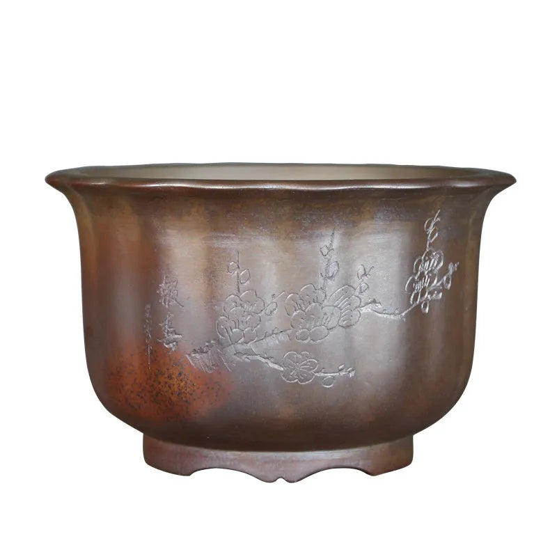 Antique carved purple sand ceramic flower pot with wood burning design, large bonsai basin size