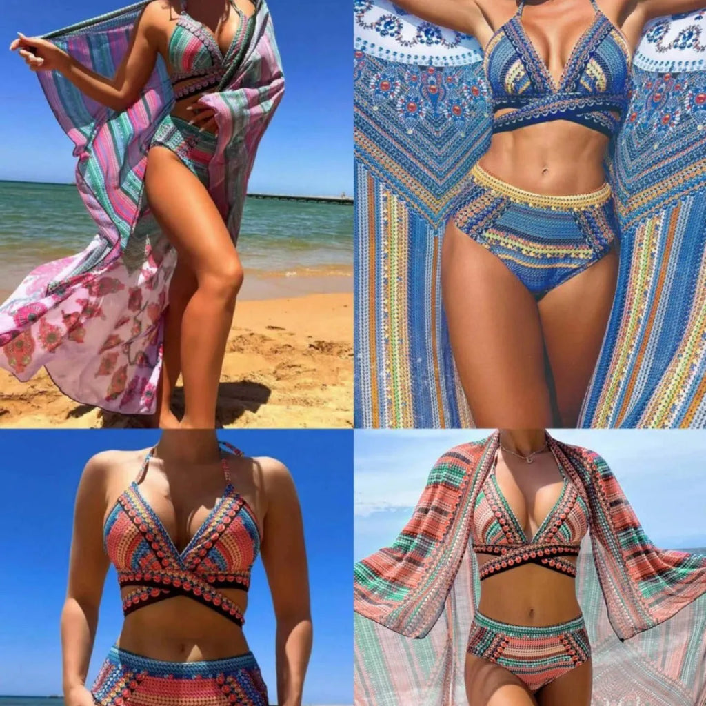 Women's cross bandage bikini swimsuit three-piece set with high waist and split veils detail