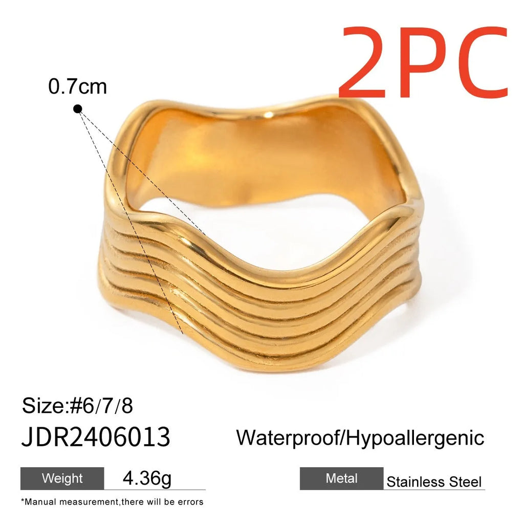 Stainless steel wide band geometric wave ring in Korean style.