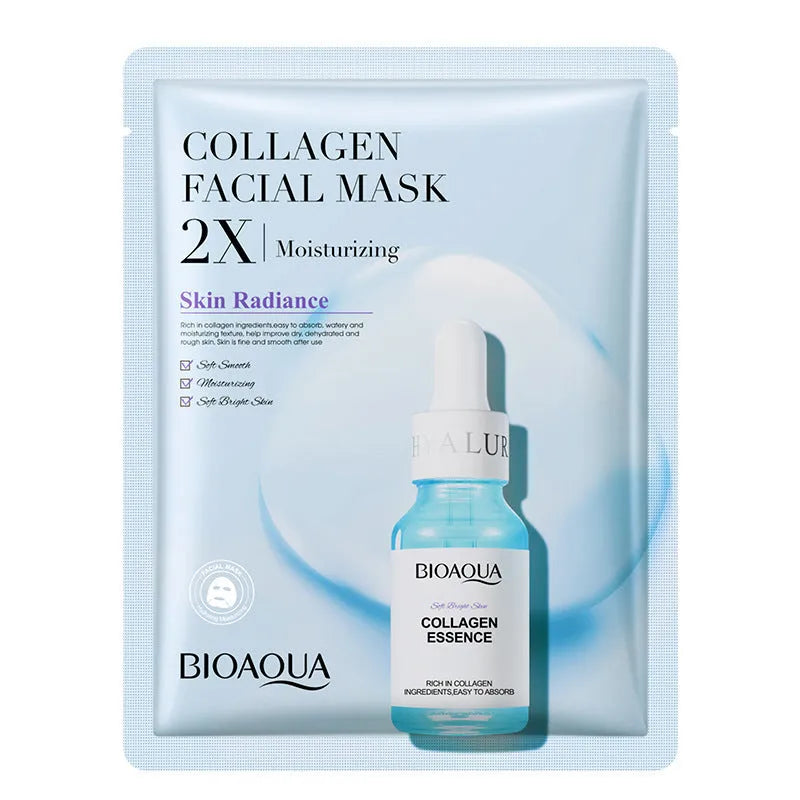 Single-use facial sheet mask with gel serum, shown in Centella, Collagen, Hyaluronic Acid or Vitamin C variants.