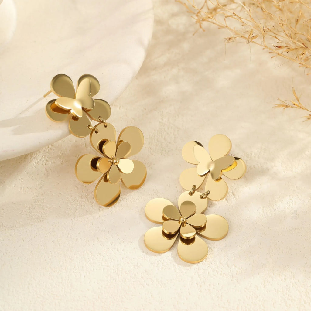 Gold floral butterfly design stainless steel earrings for women with geometric elements