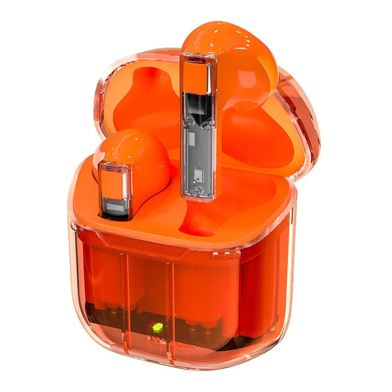 YX06 transparent wireless TWS headphones in black, green, orange, or white colours with charging case.