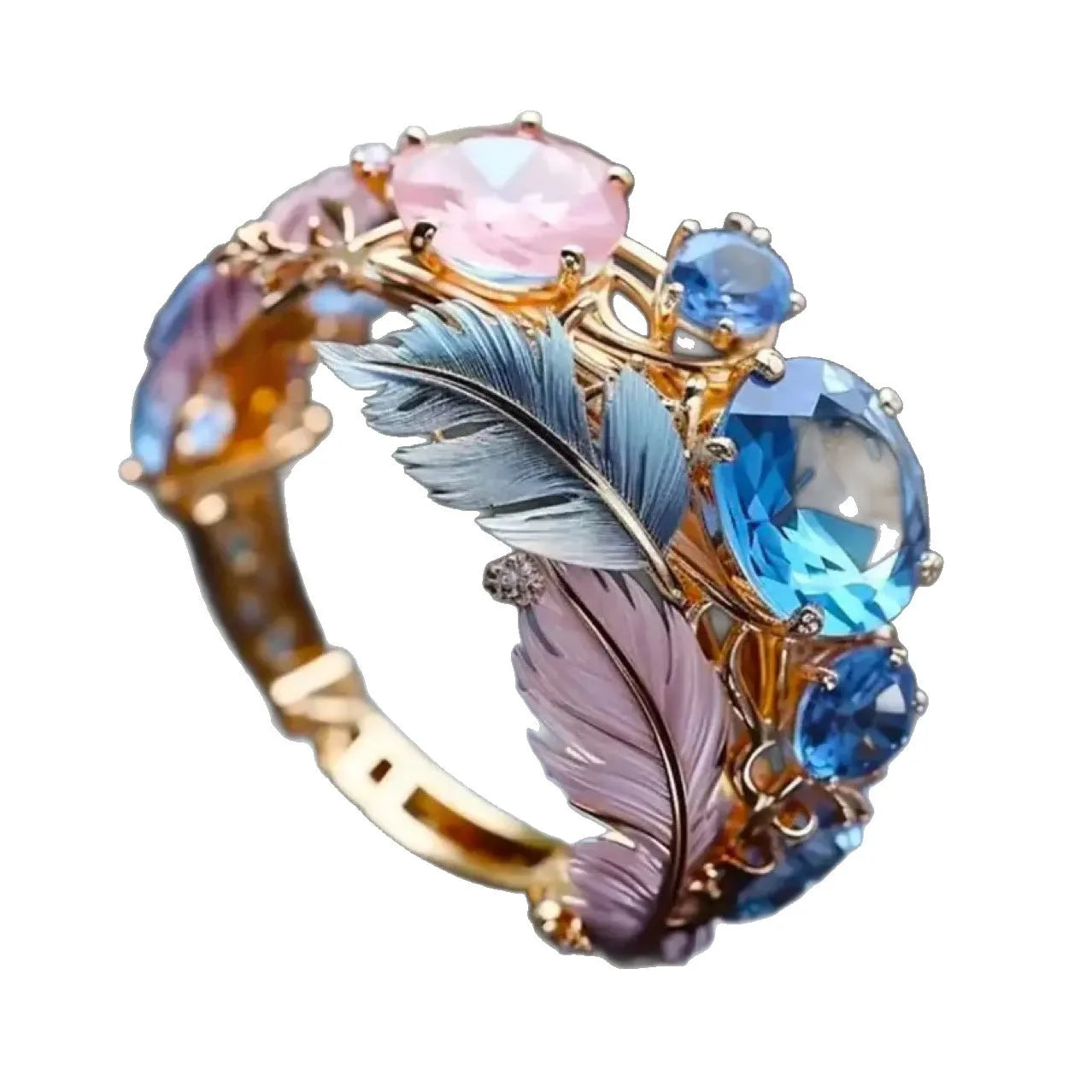 Gold colour brass feather ring with embossed geometric design and inlaid zircon details