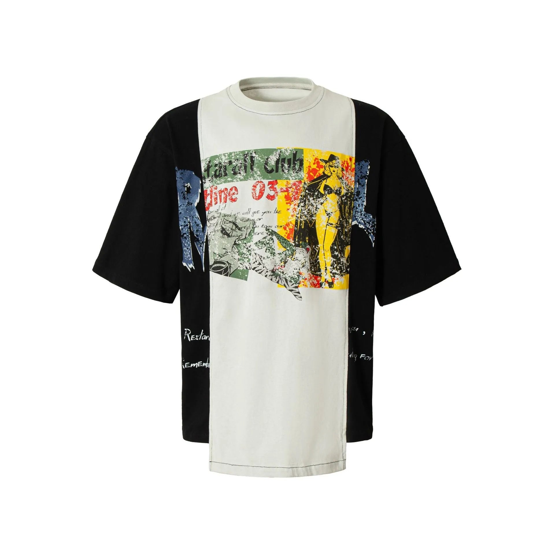 Black and white stitched deconstruction print cotton blend T-shirt with loose streetwear styling