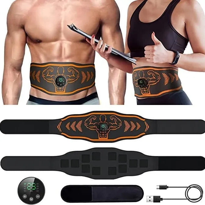 Smart EMS massage belt fitness equipment with rechargeable control unit and blue/orange colour options
