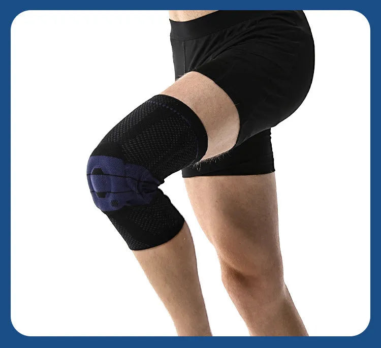 Black and blue adult sports knee pad made from nylon and spandex, shown on a knee.