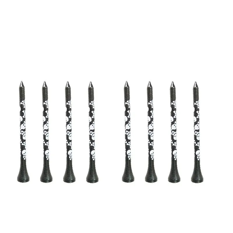 Black bamboo golf shoe dowel pins with skull print in 70mm and 83mm sizes, pack of 10