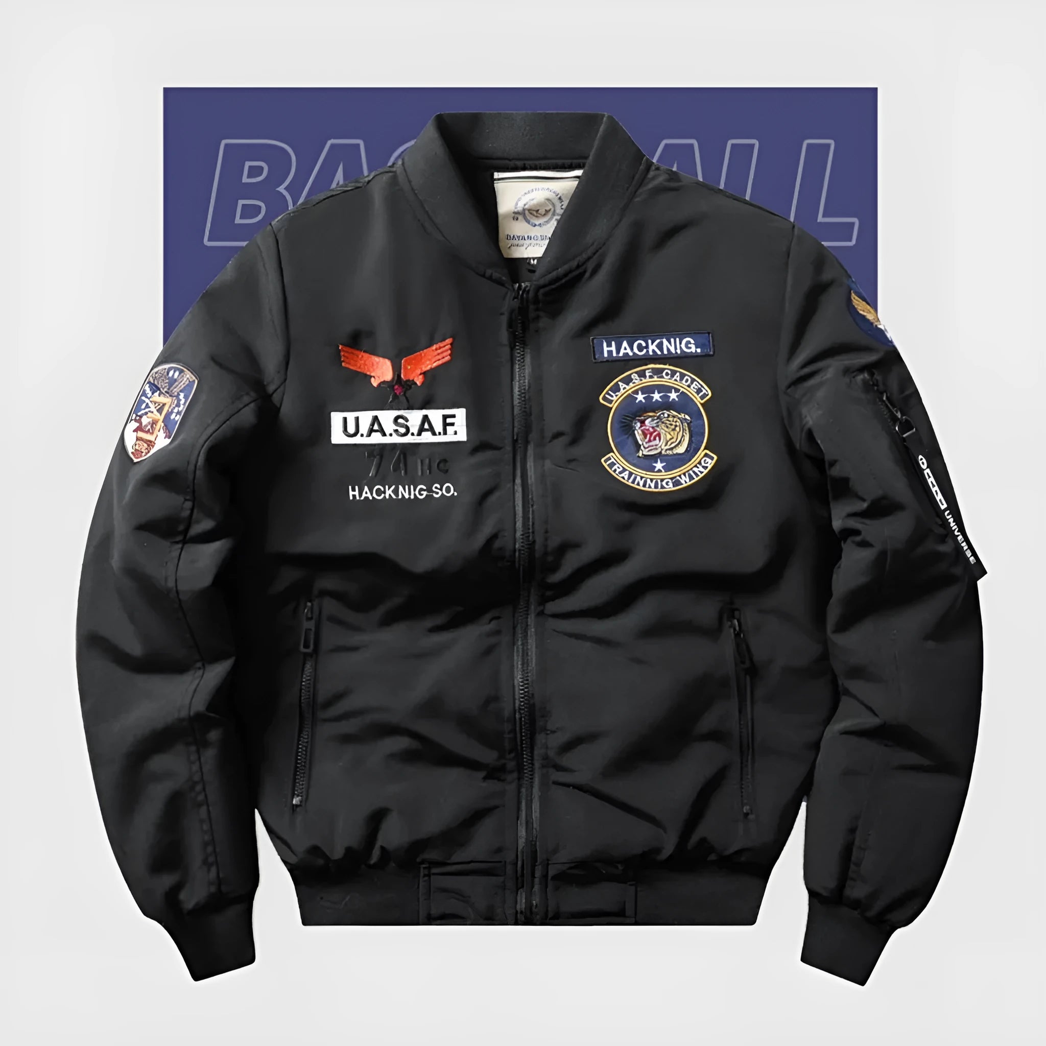 Men's slim-fit black retro motorcycle jacket with stand collar and patch pockets