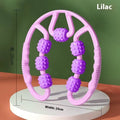 Handheld leg massage roller with ring clip showing 12 wheel configuration in macaron pink colour