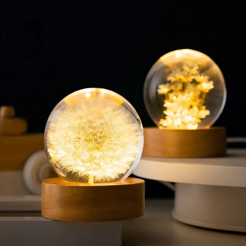 Clear resin ball night light with a dandelion inside on a beech wood base.