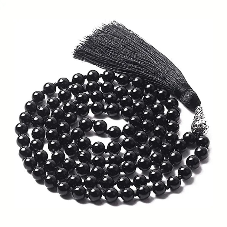 Geometric agate tassel necklace with colourful stone patterns and adjustable 95-100cm length
