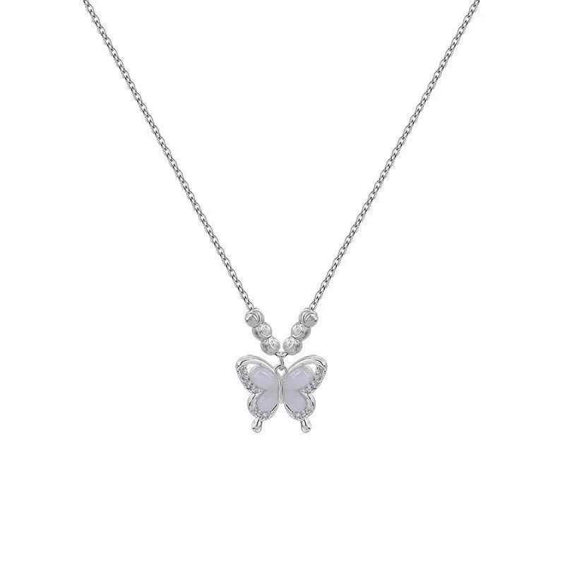 Women's square line opal butterfly necklace in 925 silver with cross chain, adjustable length