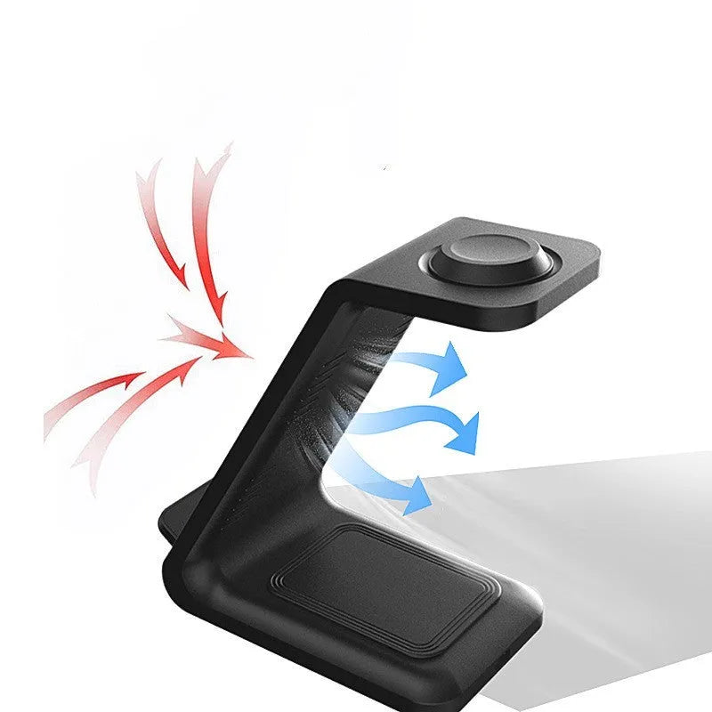 White 3-in-1 upright wireless phone charger with mobile device displayed at viewing angle