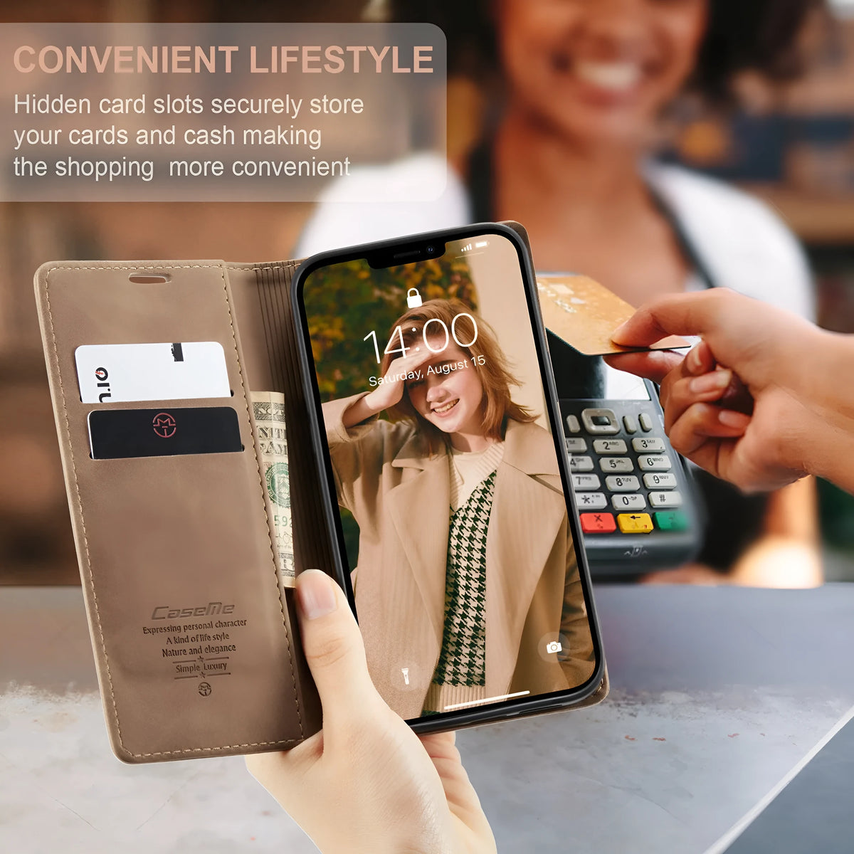 Mobile phone holster flip cover clamshell case in black, brown, coffee, wine red, or blue for Apple iPhone models.