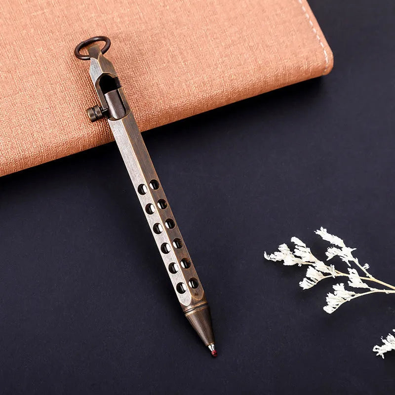 Brass hexagonal bolt roller pen with a 0.5mm tip shown in natural brass and retro black colours.