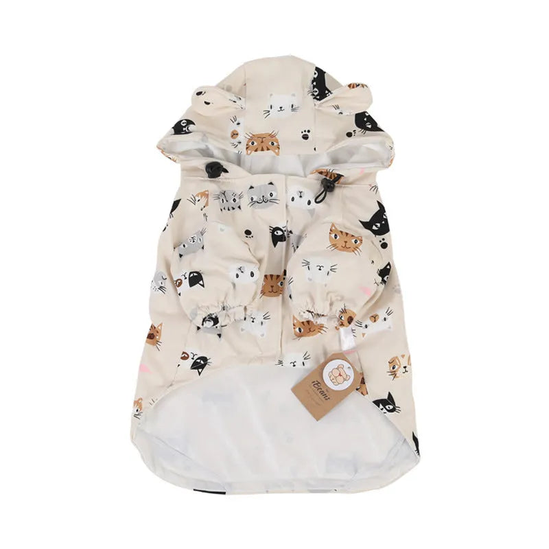 Beige cartoon dog raincoat with waterproof PU coating, shown in small animal design