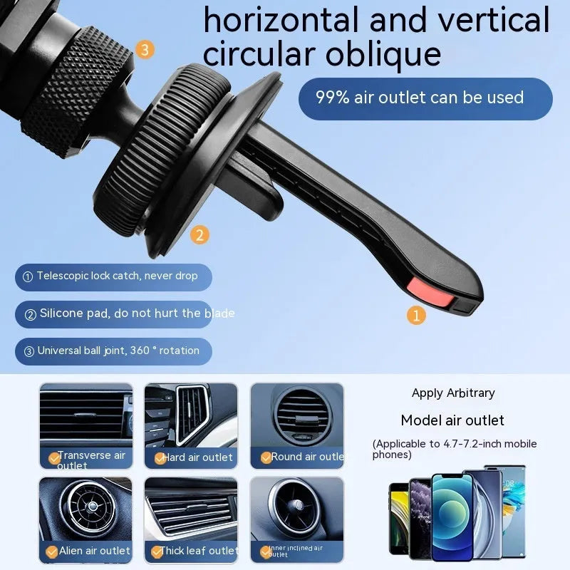 Car mobile phone holder with invisible alloy bracket for air vent or adhesive mounting in black, silver, or grey
