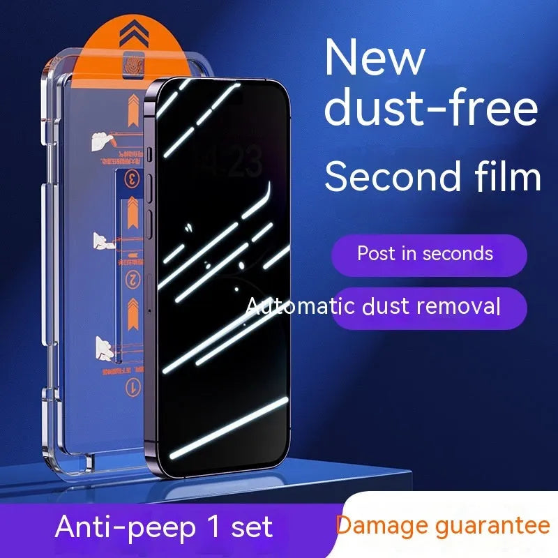 iPhone tempered glass screen protector with frosted privacy finish and full coverage design.