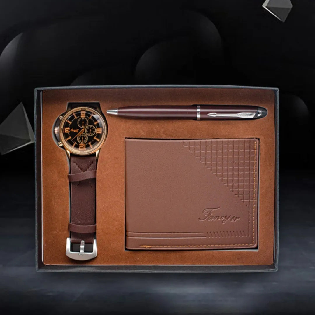 Creative holiday gift set featuring a watch, wallet, and pen in a modern simplicity style gift box.