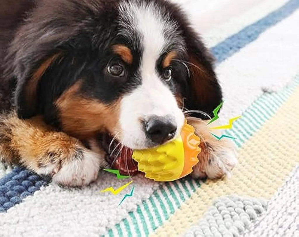 Blue and orange durable rubber squeaky dog ball with spiky texture for teeth cleaning.