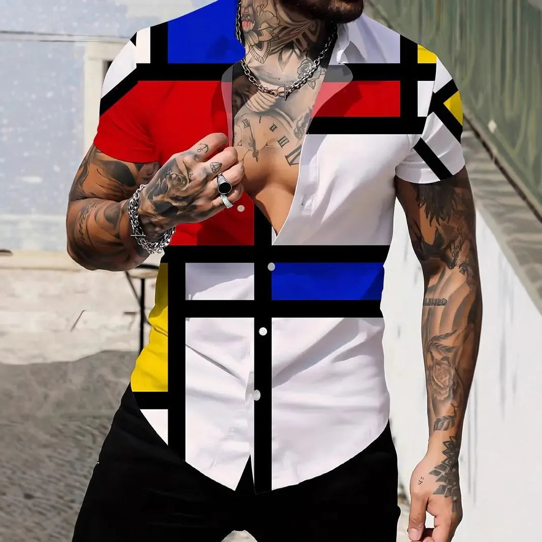 Men's slim fit geometric line print short sleeve polyester shirt shown on a model, available in multiple colours and sizes.