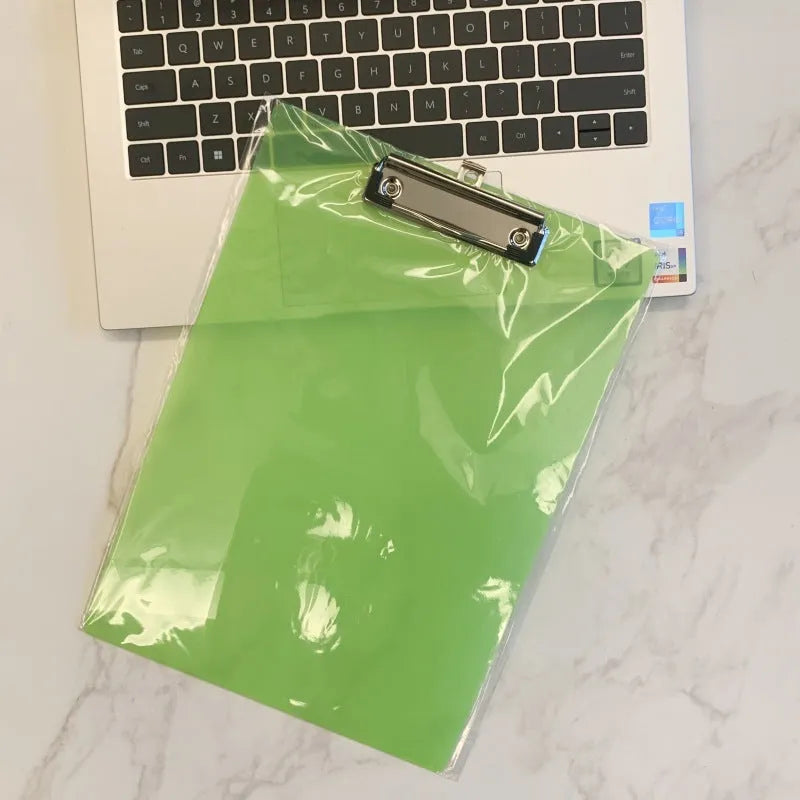 A4 and A5 transparent PP writing board with metal clip, shown in multiple colour options.