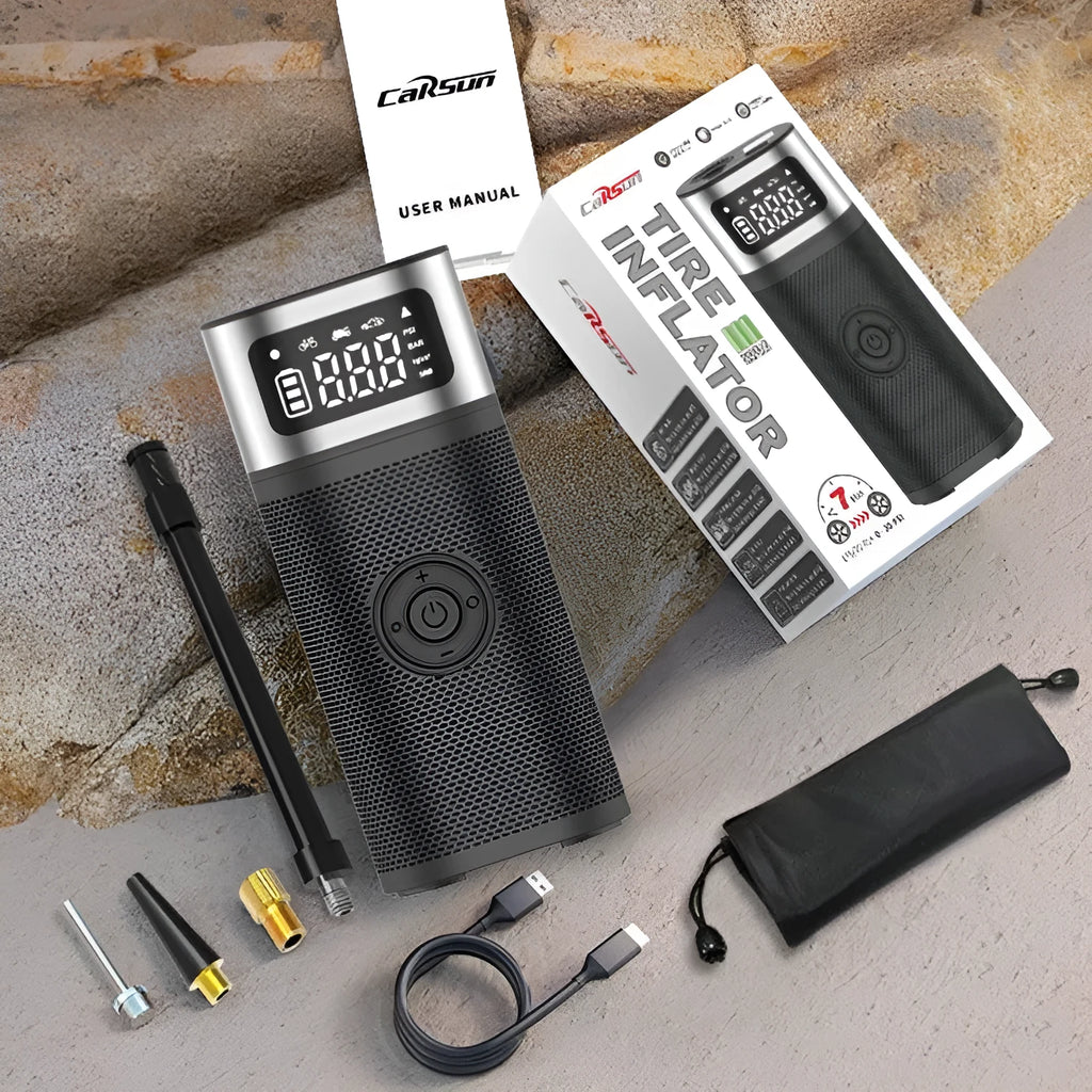 Black portable wireless vehicle air pump with digital display, LED light and flexible inflation tube