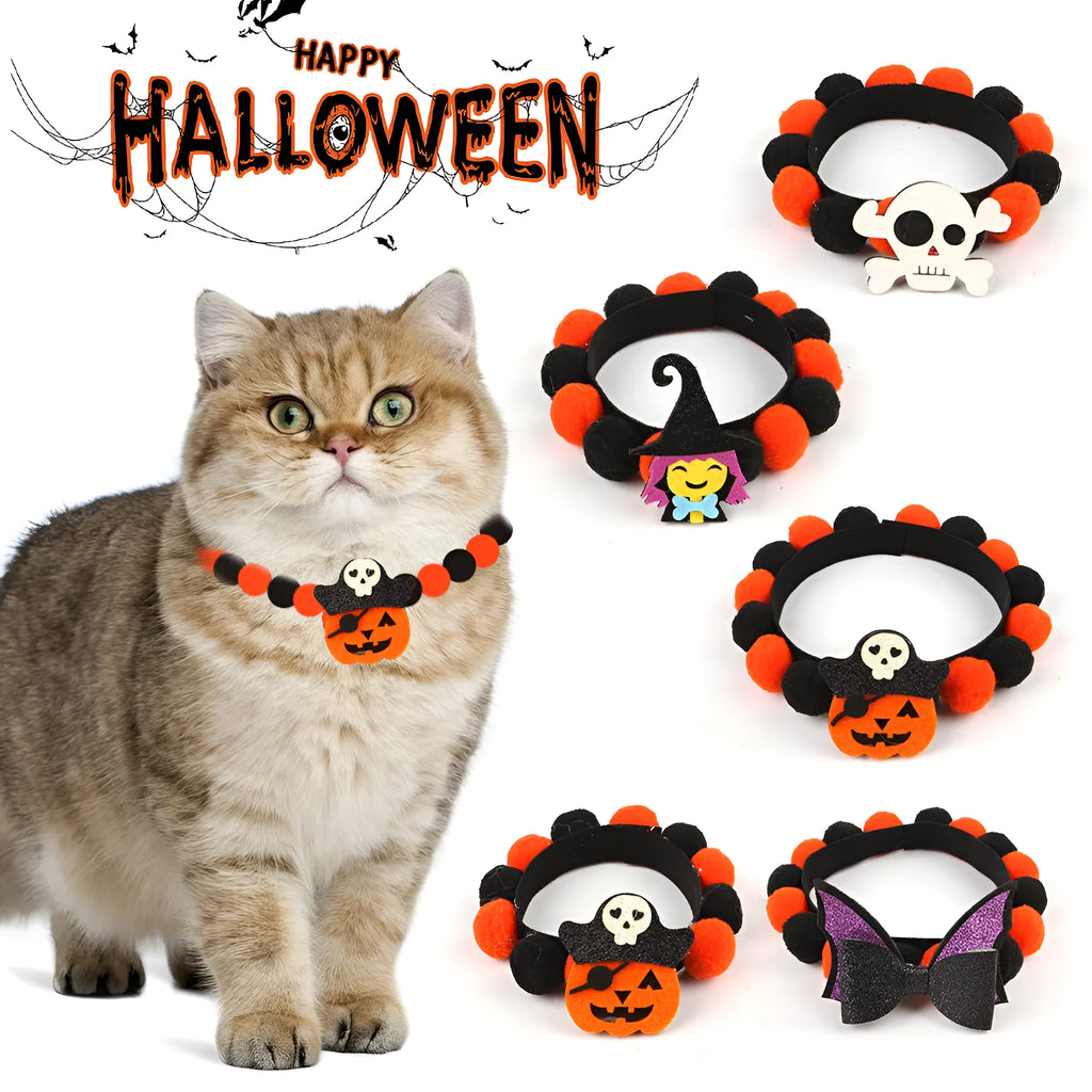 Halloween pet fur ball collar in pumpkin design with adjustable sizing for dogs and cats