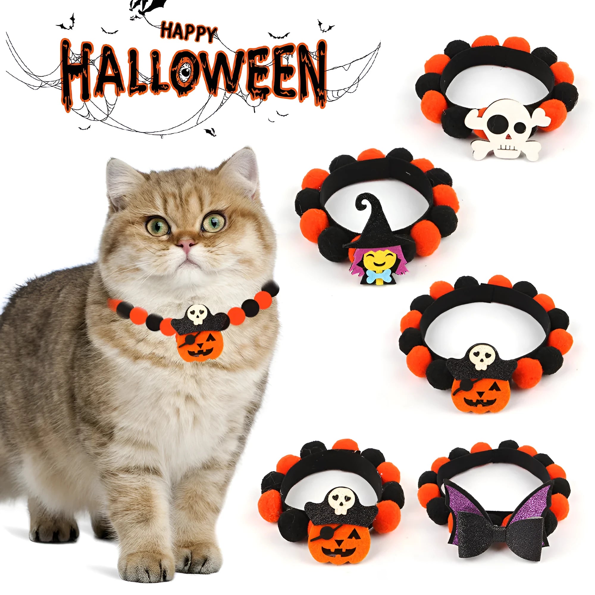 Halloween pet fur ball collar in pumpkin design with adjustable sizing for dogs and cats