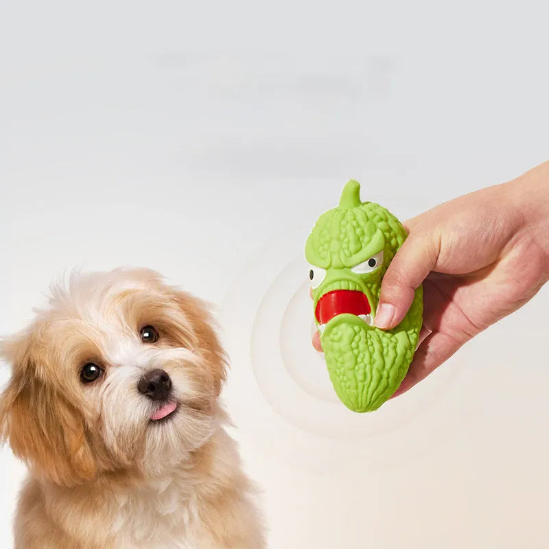 Bitter melon and chili pepper shaped dog chew toys with squeakers for teeth cleaning and boredom relief