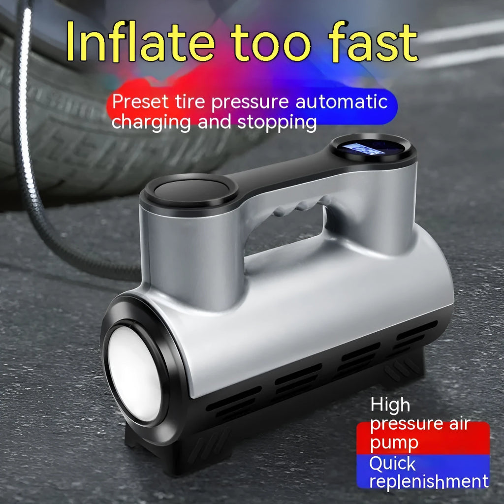 12V portable car tyre inflator with digital display showing pressure reading