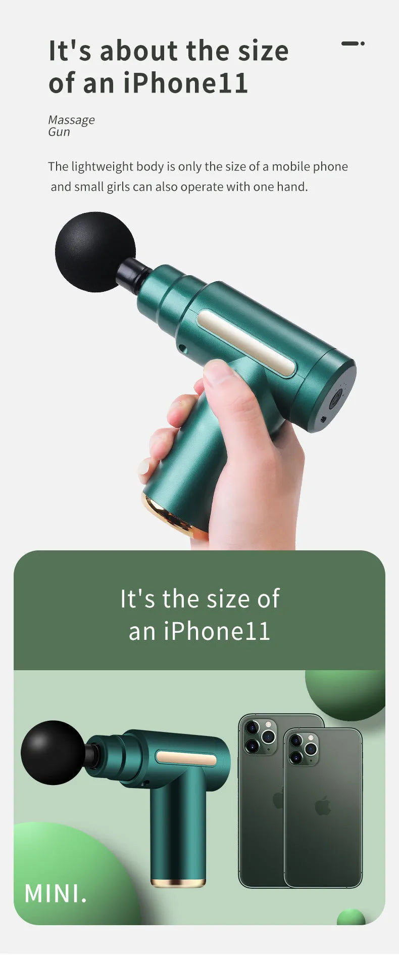 Green rechargeable mini fascia gun electric handheld massager for muscle fitness and neck relief