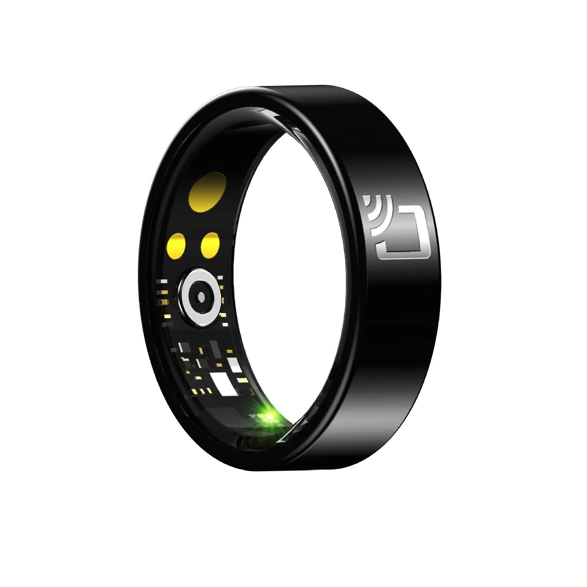 Black ceramic smart ring for heart rate and blood oxygen monitoring on a finger