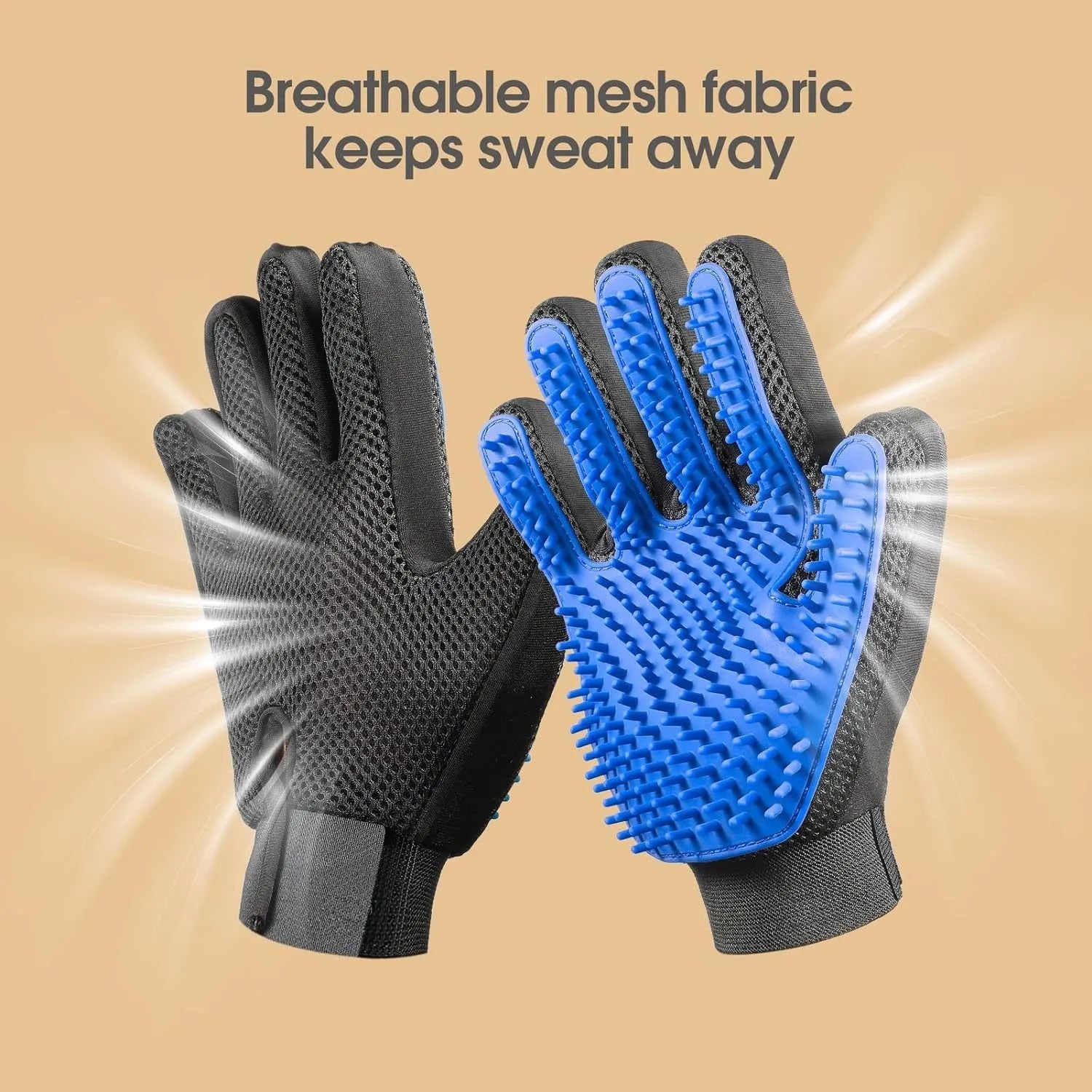 Blue pet grooming gloves with silicone tips for removing hair from dogs and cats during grooming