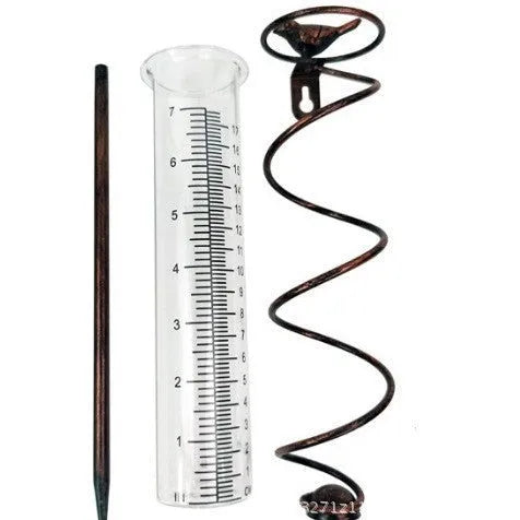Cast iron bird-shaped rain gauge with glass measurement cylinder for garden weather tracking