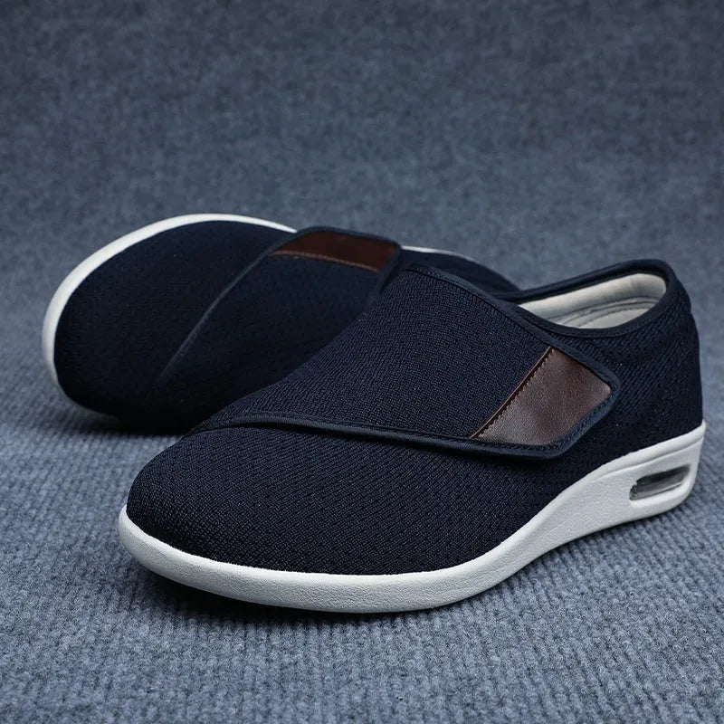 Beige leisure shoes with velcro fastening and widened round toe design