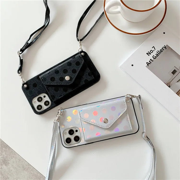 Diagonal card case silicone mobile phone case with wave point design in black or white colours