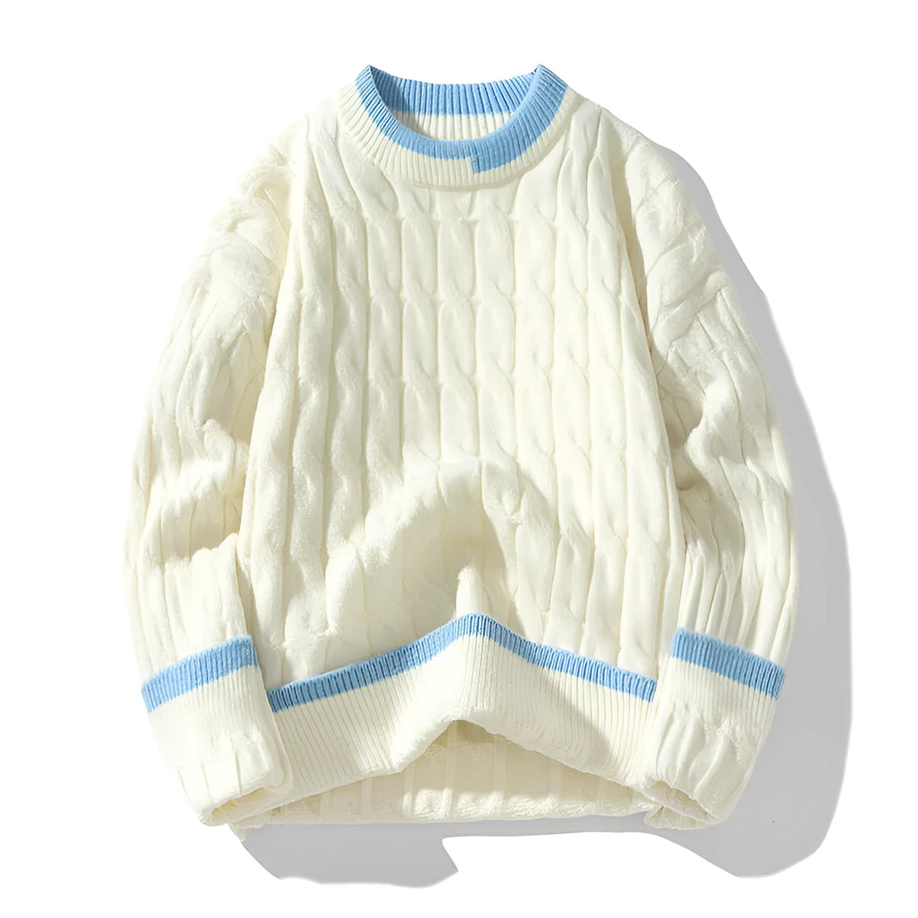 Men's loose grey and blue acrylic modal sweater set on a hanger, showing long sleeves and pullover style.