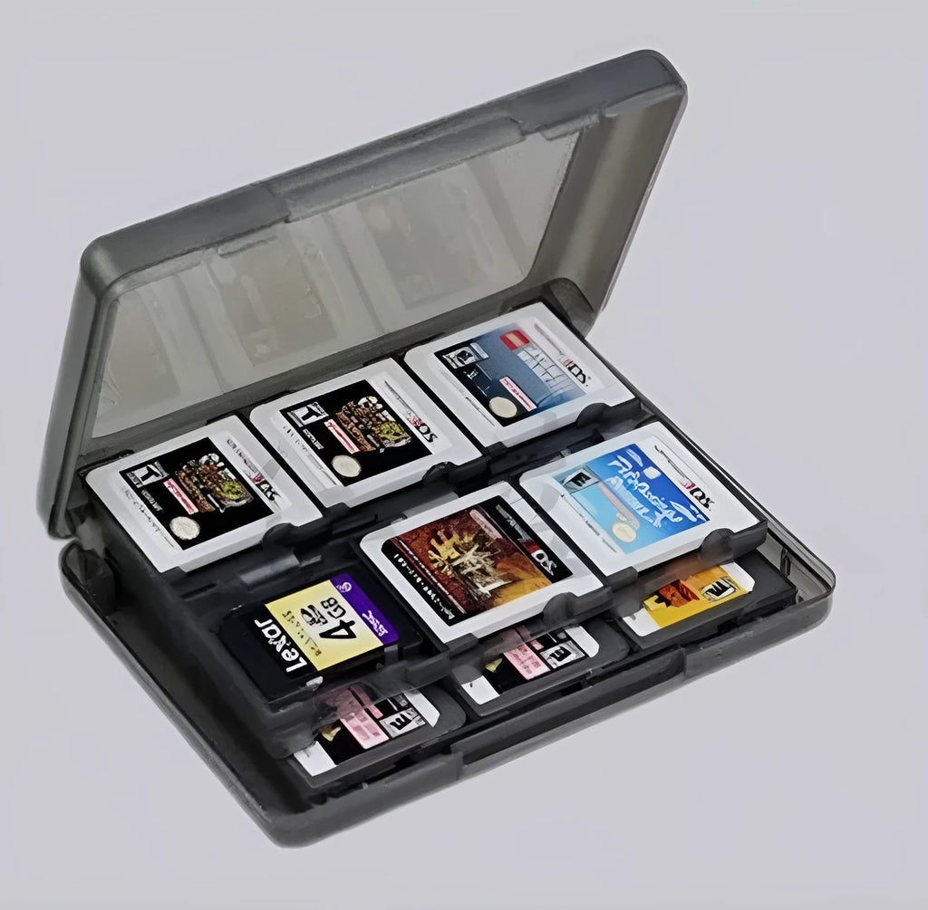 NDS 3DS game card storage box in choice of colours showing compact size and game slot layout