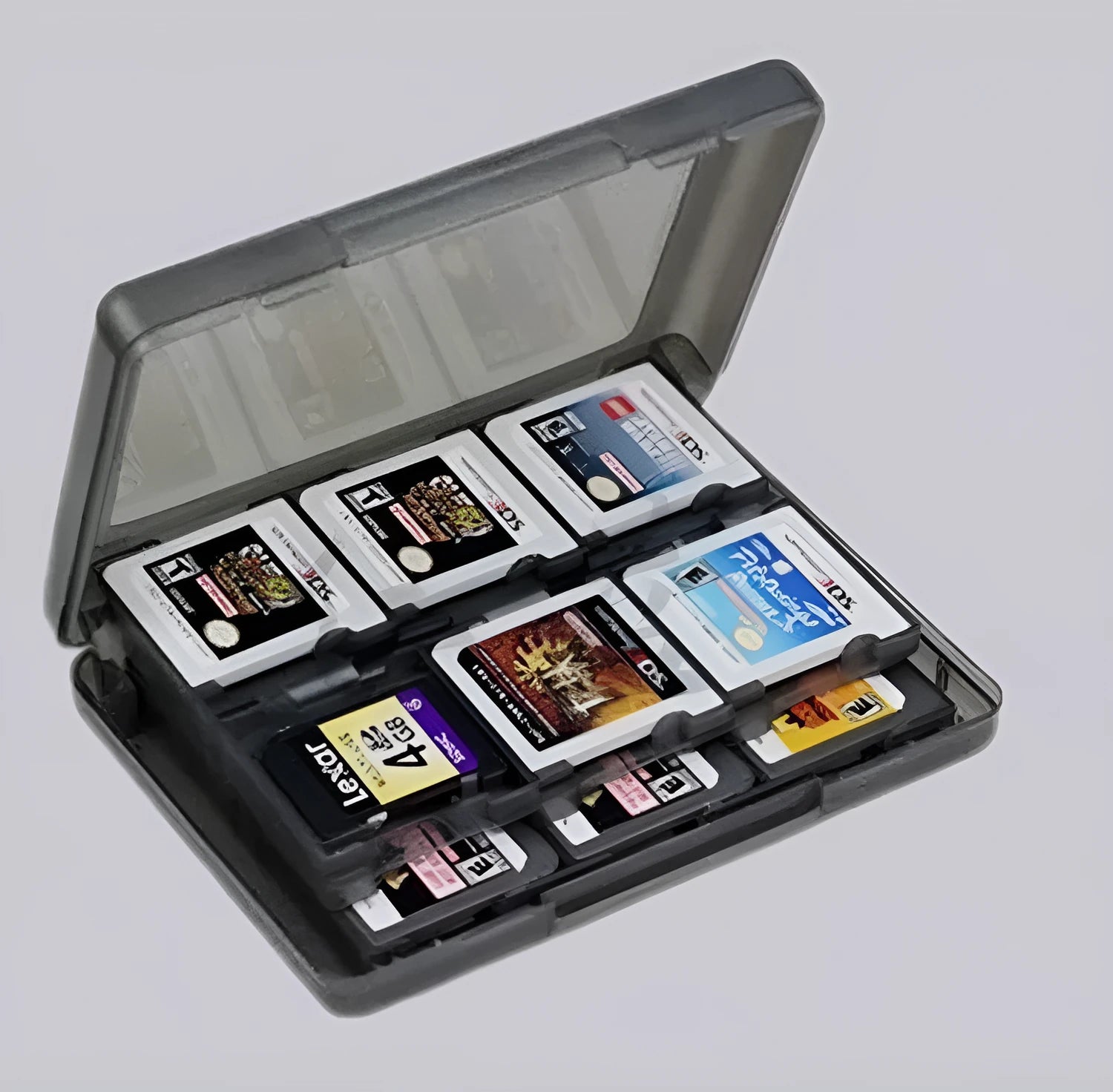 NDS 3DS game card storage box in choice of colours showing compact size and game slot layout