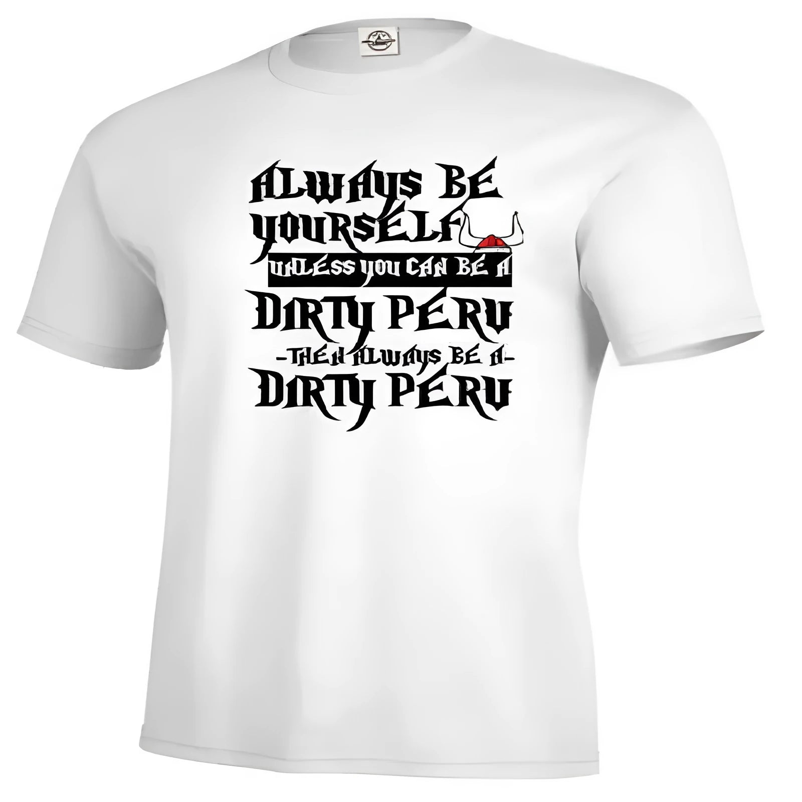 Men's white short sleeve casual top with printed design, straight cut, pullover style
