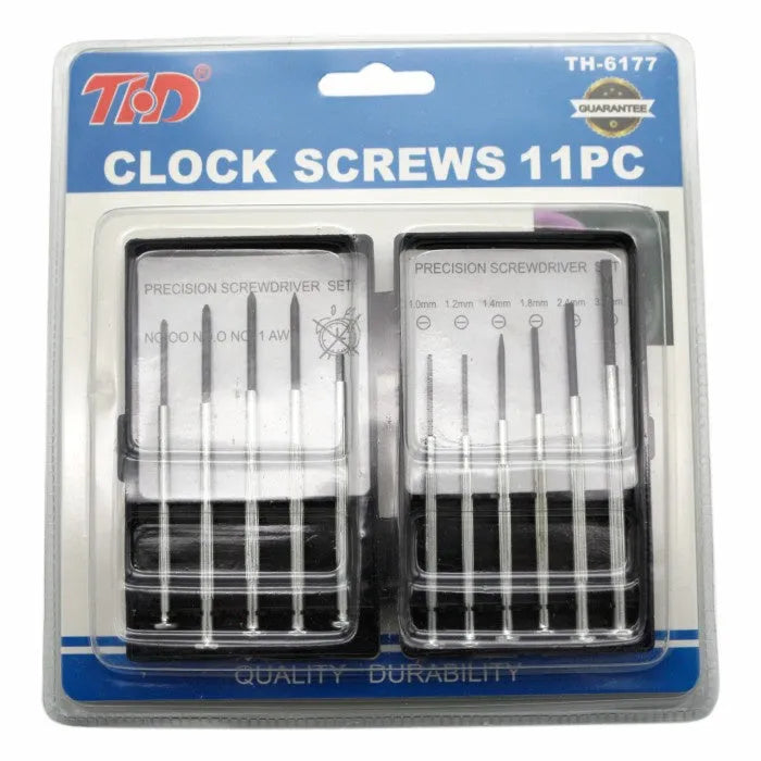 TH-6177 11 piece clock screwdriver set with cross and slotted bits on a grey background
