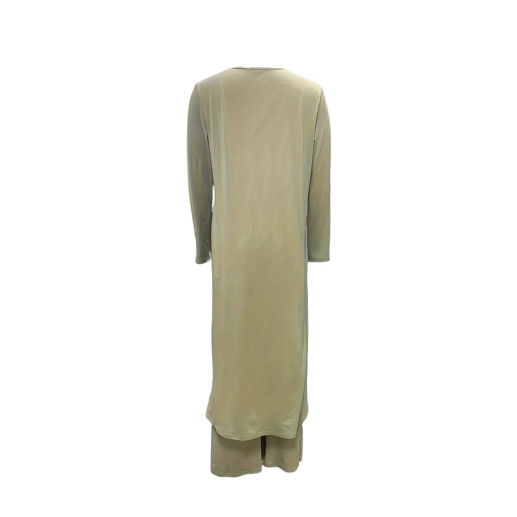 Casual long sleeve polyester two-piece set in khaki, showing loose round neck top and full-length trousers.