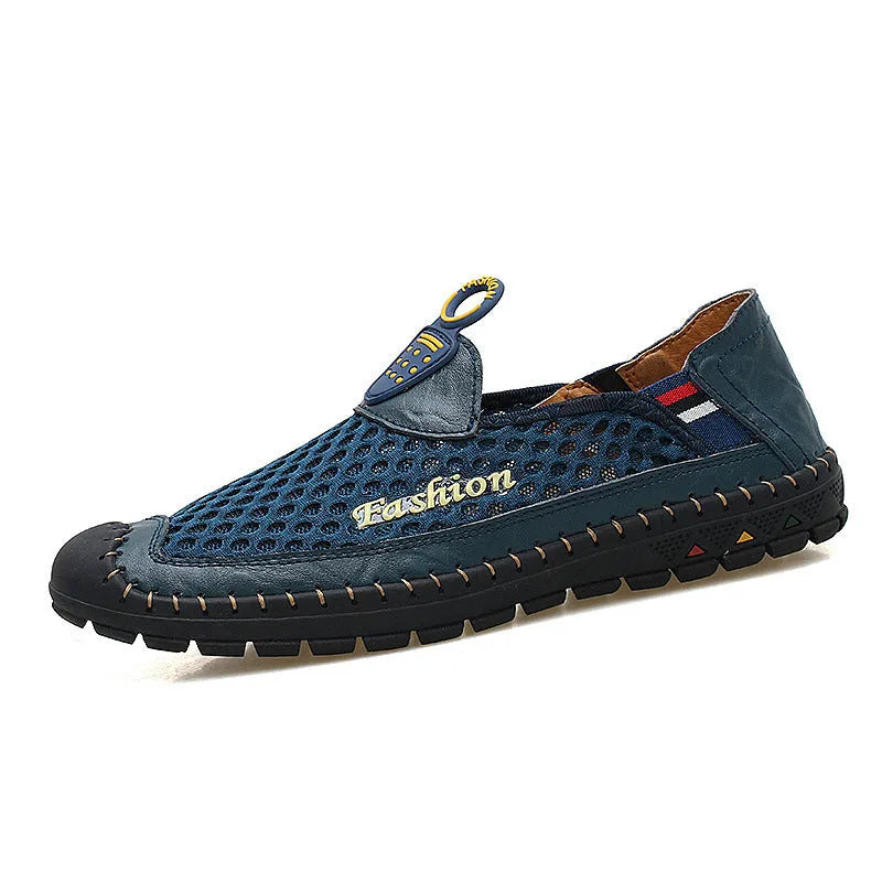 Men's brown mesh casual shoes with round toe and stitching detail