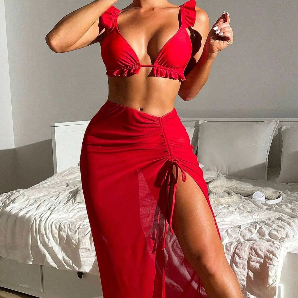 Women's printed split bikini three-piece swimsuit set with a skirt, shown in multiple colour options.