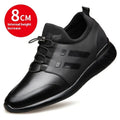 Men's black height increasing shoes with internal 3-5cm elevation, round toe and chunky heel design