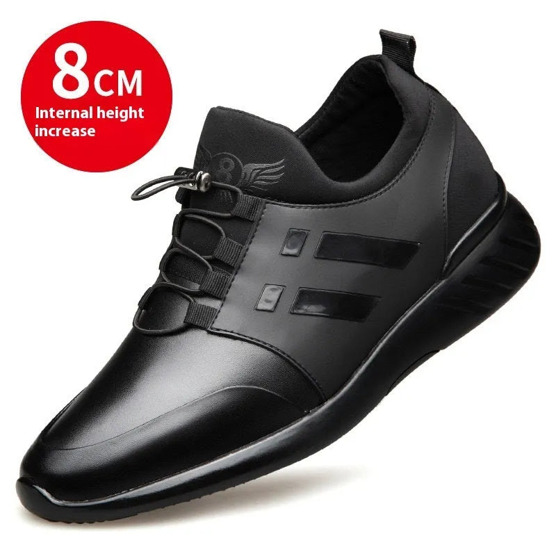 Men's black height increasing shoes with internal 3-5cm elevation, round toe and chunky heel design