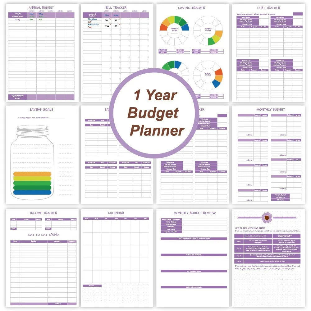 J12 Purple coil-bound financial planning notebook with Daolin paper, pen, stickers, and paper clips for monthly budgeting