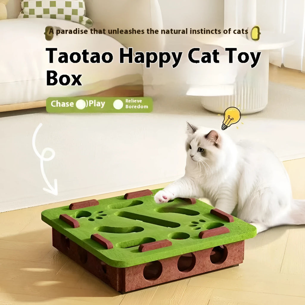 Green brown felt square cat toy with a hole in the centre on a wooden floor.